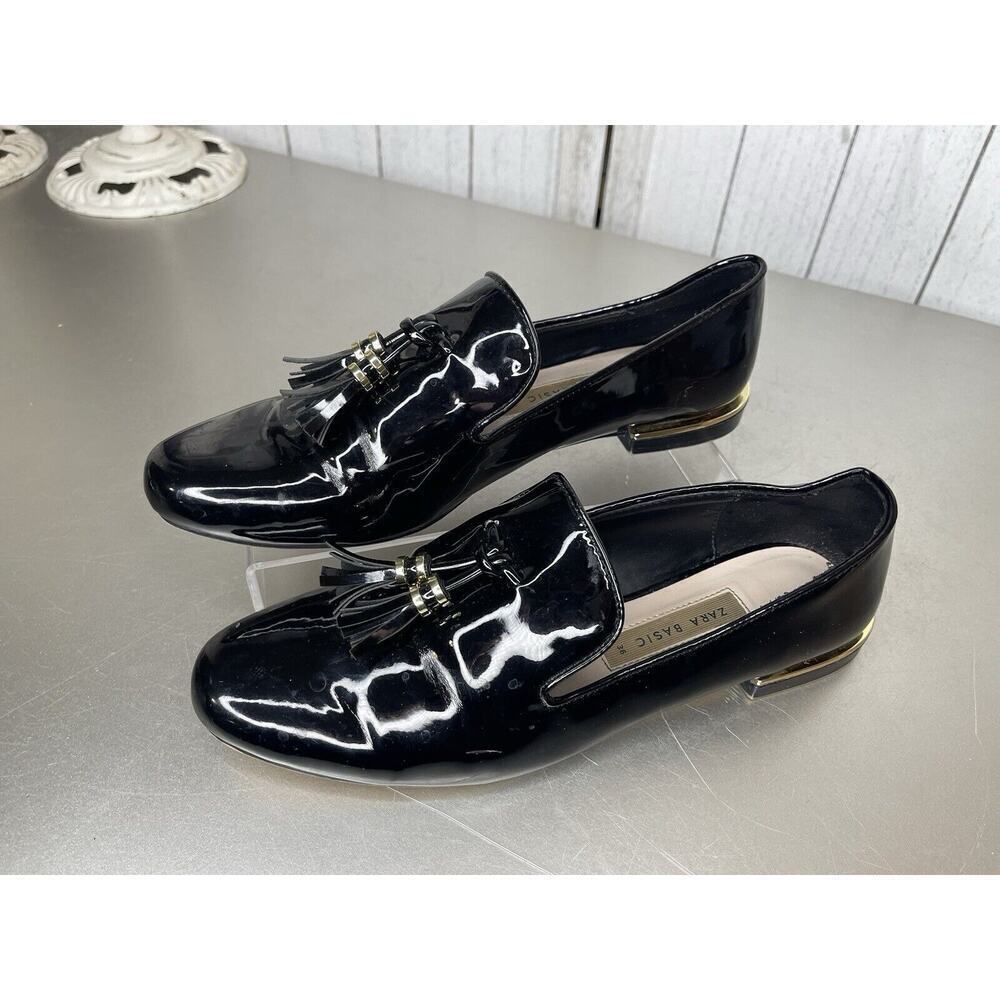 Zara Basic Black patent Leather Slip On Shoes Flats Loafer Tasseled Size 36